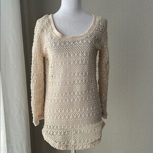 L*SPACE Crochet Top Cream Open Knit Long Sleeve Size Small